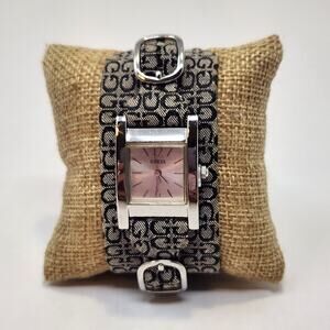 Guess Black Gray Logo Jacquard Cuff Watch Wristwatch Womens Buckle Strap Works